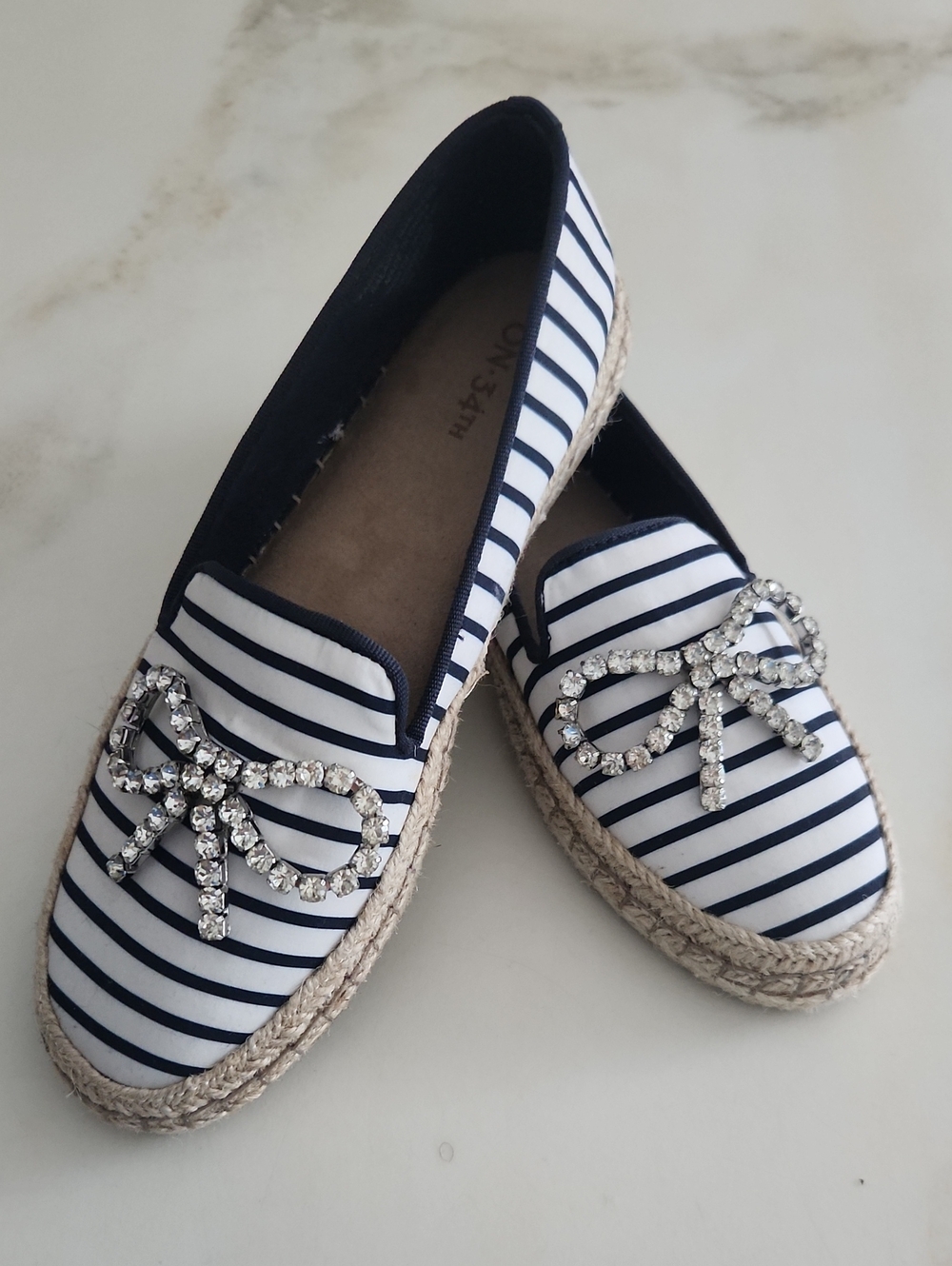 Striped Navy & White Slip-On Espadrille Mules with Crystal Bow
